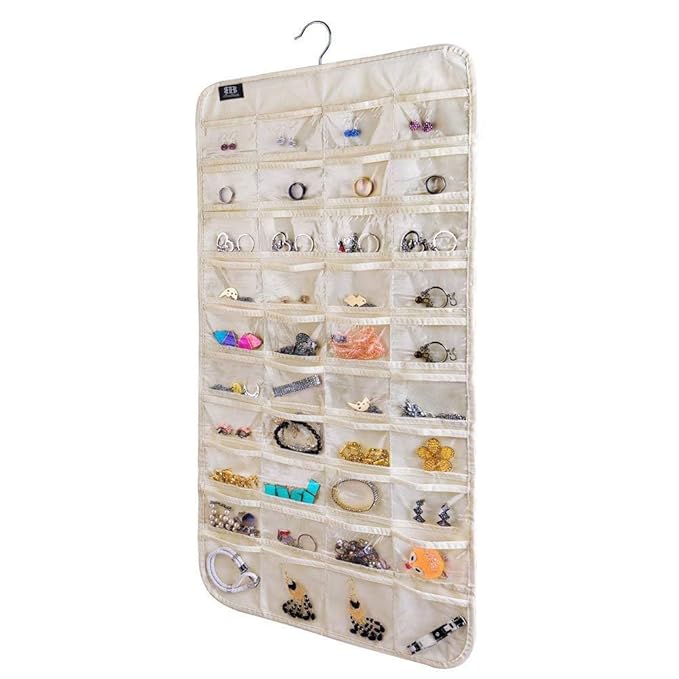 Hanging Jewelry Organizer ? 56 Double-Sided Pockets for Earrings, Necklaces, Rings & Accessories | Space-Saving Closet Jewelry Storage (Beige)