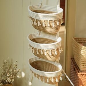 Hanging Storage Baskets with Tassels, 3-Tier Cotton Rope Organizer, Natural and White, Wall Mounted