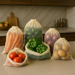 Set of 6 Reusable Drawstring Mesh Vegetable Storage Bags|Multi-Size Fridge Organizer for Vegetables,Fruits & Pantry Essentials|Breathable,Eco-Friendly & Durable|Kitchen & Refrigerator Use