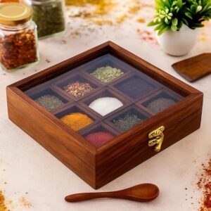 Sheesham Wood Spice Box with 2 Spoons ? 9 Compartments Masala Box/Masala Dabba/Masala Container/Masala Dabba Organizer for Kitchen | Decorative Handmade Wooden Storage Box (Brown).