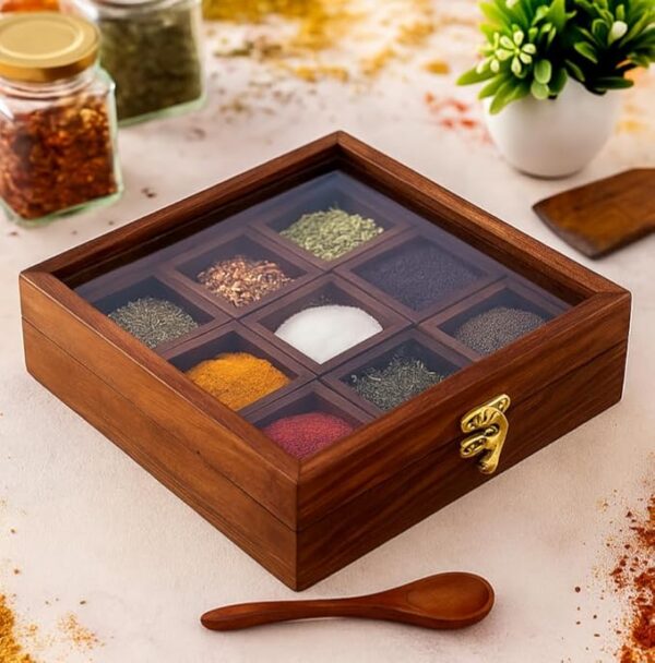Sheesham Wood Spice Box with 2 Spoons ? 9 Compartments Masala Box/Masala Dabba/Masala Container/Masala Dabba Organizer for Kitchen | Decorative Handmade Wooden Storage Box (Brown).