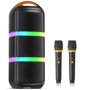 Karaoke Speaker with 2 Wireless Microphones, Powerful Bass, RGB Lights, 3 EQ Modes, 8H Playtime, USB/TF/AUX/Bluetooth 5.1, Ideal for Home & Outdoor Party