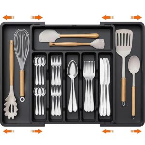 Organizer Tray/Kitchen Expandable Utensil Tray/Adjustable Utensil Organizer/Cutlery Silverware Flatware Holder/Divider for Spoons Forks Knives Tableware (Black, 1 Pcs)