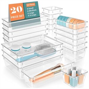 Polypropylene Set of 20 Stationery Drawer Organiser/Unbreakable Organizer/Dressing Table/Multi-Purpose Storage Boxes/Drawer Divider Tray for Kitchen/Bedroom/Office - (Clear Transparent)