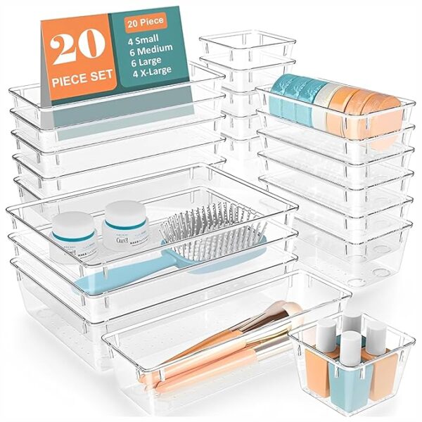 Polypropylene Set of 20 Stationery Drawer Organiser/Unbreakable Organizer/Dressing Table/Multi-Purpose Storage Boxes/Drawer Divider Tray for Kitchen/Bedroom/Office - (Clear Transparent)