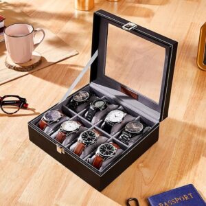 Basics Unisex Faux Leather Watch Organiser Box with 8 Slots | Watch Organiser with Transparent Lid (Black)