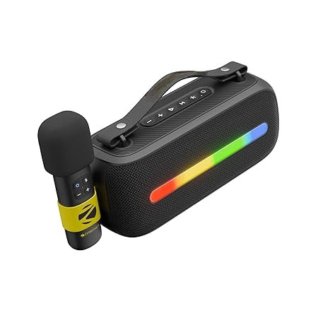 Sound Feast 80, Portable Bluetooth Speaker, 20 Watts, Upto 7h Backup, Bluetooth | USB, Karaoke, RGB LED Strip, Included Wireless Microphone, Detachable Carry Strap