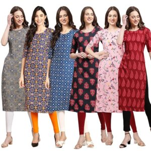 Women's Crepe Digital Print Straight Kurta Pack of 6