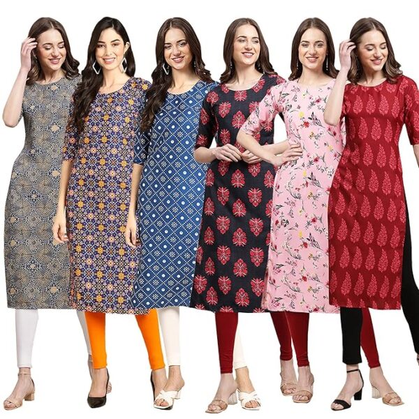 Women's Crepe Digital Print Straight Kurta Pack of 6