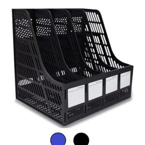 Magazine Holder - 4 Compartments, Desk File Organizer, Plastic Vertical File Dividers Book Holder & Document Storage Rack for Office Desk, 1Pc (Blue/Black)