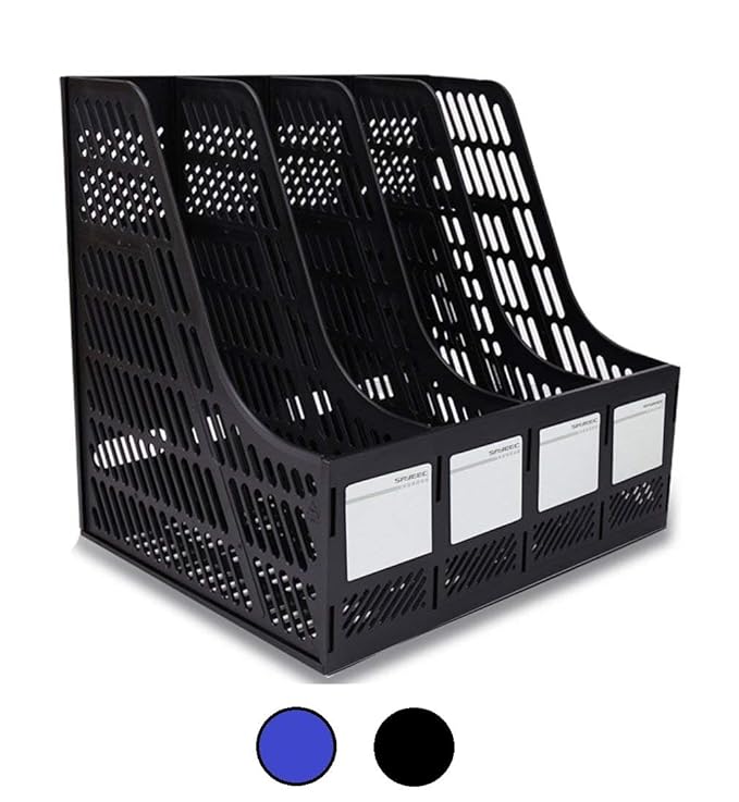 Magazine Holder - 4 Compartments, Desk File Organizer, Plastic Vertical File Dividers Book Holder & Document Storage Rack for Office Desk, 1Pc (Blue/Black)