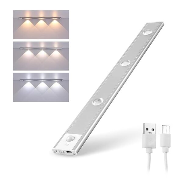 Rechargeable Motion Sensor Led Light for Wardrobe ? 3 Color Modes Magnetic Closet Light with Stepless Dimming for Under Counter| Under Cabinet Light,Kitchen Light,Cupboard Lights (Silver,40 Cm)