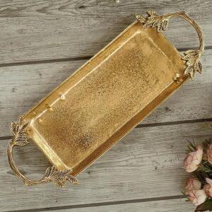 Aluminium Golden Serve Tray with Leaf Handle for Center Table Centerpiece| Serving Platter for Home Decor Kitchen Dining Room Table| Serveware Plater for Sweets, Cookies, Dry Fruits, 16.7" inch