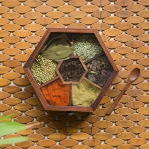 'Hexagonal' Wooden Spice Box For Kitchen with Spoon (Sheesham Wood, 7 Partitions, 100 ML) | Wooden Masala Box For Kitchen Masala Dani Spice Storage Containers Spice Jar Masala Dabba