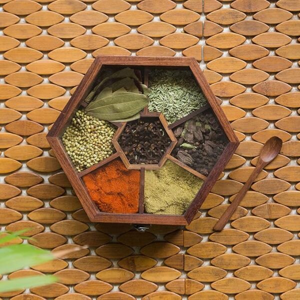 'Hexagonal' Wooden Spice Box For Kitchen with Spoon (Sheesham Wood, 7 Partitions, 100 ML) | Wooden Masala Box For Kitchen Masala Dani Spice Storage Containers Spice Jar Masala Dabba