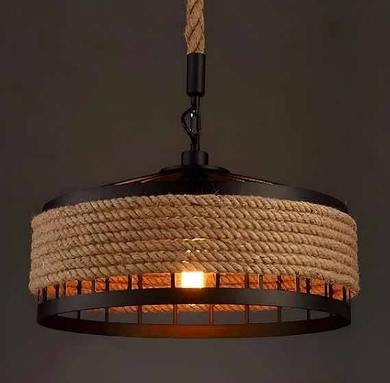 Rope Jute Metal Basket Ceiling Pendant Hanging Retro Industrial, Rope Iron Candlestick Light Round Lamp/Indoor Lighting Bulb Included(AC/DC)