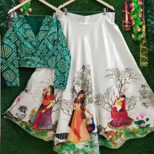 Simple DIGITAL PRINT SHINY AND SOFT SATIN SILK FREE SIZE RAJWADI LAHENGA WITH FULL SIZE BANDHANI PRINT UNSTICH BLOUSE.