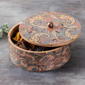 Masala Box for Kitchen 9-Inch Spice Organizer with 7 Stainless Steel Jars Anjarai Petti, Masala Dani Box, Cereal, Dry Fruits & Cereals | Durable & Stylish Container | Printed Grey