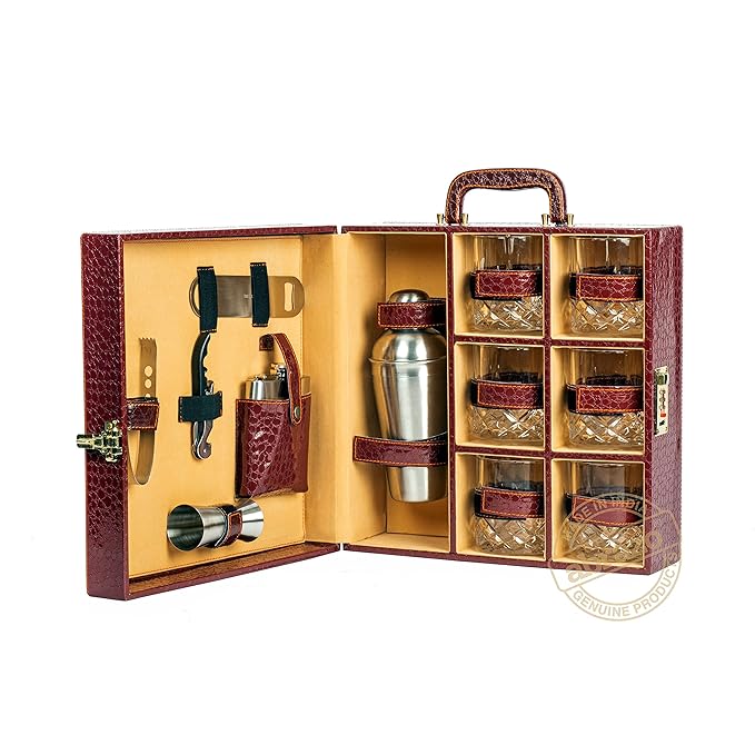 Brown Portable Bar Set | 12 Pcs with 6 Whiskey Glasses | Mini Bar for Home & Car