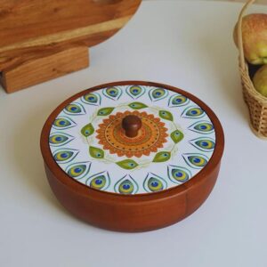 Chapati Box, Mango Wooden Roti Box with Lid, Casserole for Roti, Set of 1,Roti Dabba with Lid | Casserole for Dining(25.4X25.4X20Cm, Multi Colour)