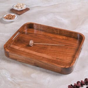 Wooden Serving Tray ? 15 Inch Rectangular Wooden Tray for Coffee Table, Kitchen, Breakfast & Home Decor | Multipurpose Organizer & Gift (Flat Handle)