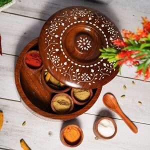 Rosewood Masala Box with Spoon and Lid - 50ml, Brown