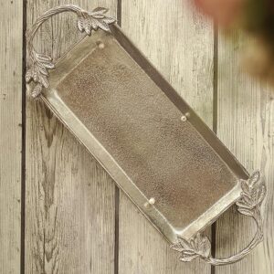 Aluminium Silver Serve Tray with Leaf Handle for Center Table Centerpiece Serving Platter for Home Decor Kitchen Dining Room Table | Serveware Plater for Sweets, Cookies, Dry Fruits, 16.7" inch