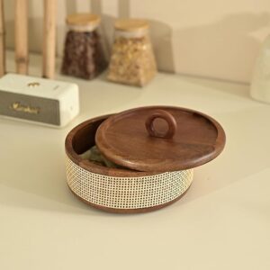 Wooden Roti Box with Cane Weave | Chapati Box for Kitchen | Roti Casserole Hot Pot with Lid | Case Roti Dabba Server for Dining Table | Handmade Roti Container (8x8x5 in)