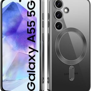 Clear Logo Electroplating Transparent Case for Samsung A55 5G, Magnetic Plating [Support for MagSafe Charger] Electroplate TPU Cover, Individual Camera Protection for Each Lens - Black