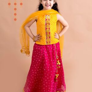 Girl's Magenta Yellow Embroidered Polyester Readymade Lehenga And Choli Set