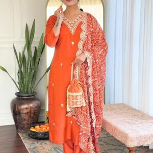 Orange BSY Viscose Embroidered Straight Kurta with BSY Viscose Pant and Silk Blend Embroidered Laced Dupatta Sets (Available in Plus Size) Orange BSY Viscose Embroidered Straight Kurta with BSY Viscose Pant and Silk Blend Embroidered Laced Dupatta Sets (Available in Plus Size)
