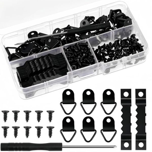 251 Pcs Photo Frame Hanging Kit, Including 50 Pcs Sawtooth Picture Frame Hanging, 50 Pcs Triangle Ring Hanger, 150 Pcs Screws,1 Pcs Screwdriver for Hanging Pictures Photos Drawing