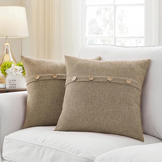 Poly Jute Square Cushion Cover with Buttons Throw Pillow Cover for Living Room Couch Sofa, Modern 16 x 16 Inches / 40 x 40 cm (Color - Light Umber)(Set of 3 Pieces) C5