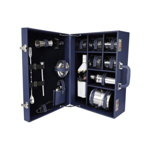 Bar Sets | Portable Leatherette Bar Set | Wine Case | Whisky Case | Wooden Bar Set for Picnic | Portable Bar Accessories Set (Holds 01 Bottle & 05 Whisky Glasses) (Blue & Blue)