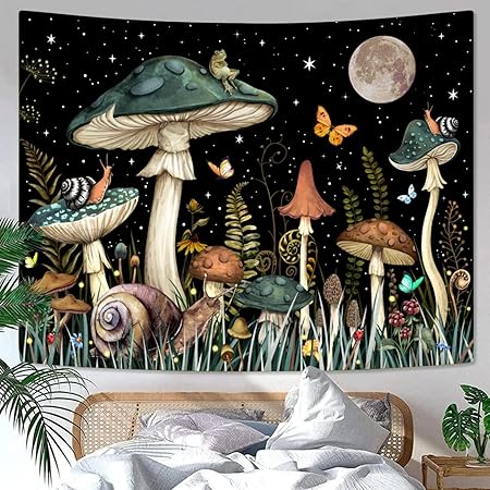 Polyester Mushroom Tree Tapestry Boho Retro Floral Flowers Tapestries Aesthetic Vintage Tapestry Wall Hanging for Bedroom (Mushroom Tree of Life(51inch x 59inch))