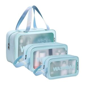 Bag Pouch for Travel Kit Toiletry Bag Cosmetic Bag Make Up Box for Brushes Accessories with Handle Large Capacity Translucent Waterproof Travel Storage Organizer Set of 3 (Sky Blue)