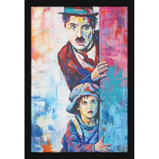 Sir Charlie Chaplin with Kid Sneaking Out English Comic Actor (MM 1954, 12x18 Inch, Canvas, With Plexi Glass)