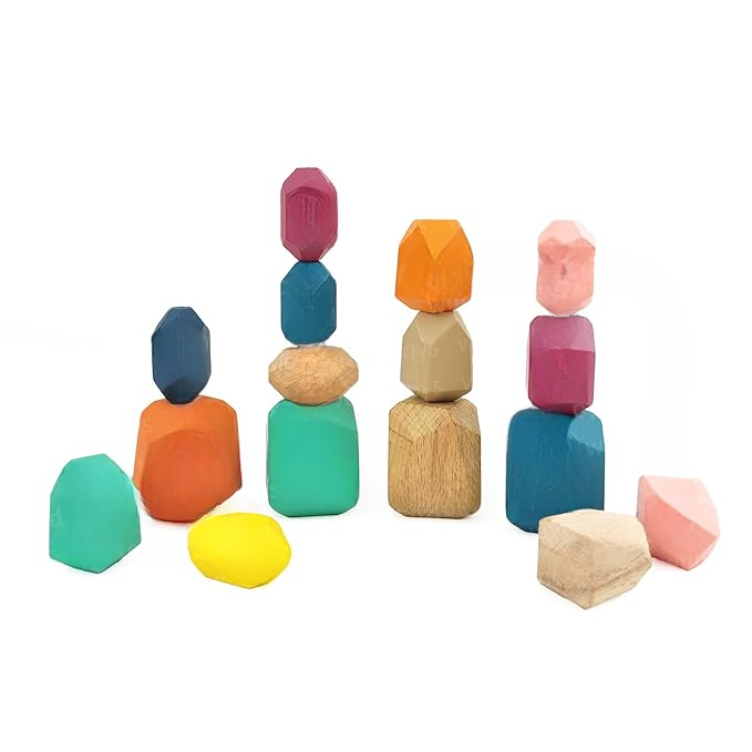 Wooden Stacking Stones, 16 Piece Geometric Balancing Building Blocks, Baby Toy and Kids Playing Items, Colourful Educational Stacking Toys for Balance and Creativity