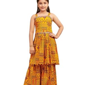 Girls Ethnic Wear Black Colour Printed/Mirror Lace Polyester Kurti Sharara Set