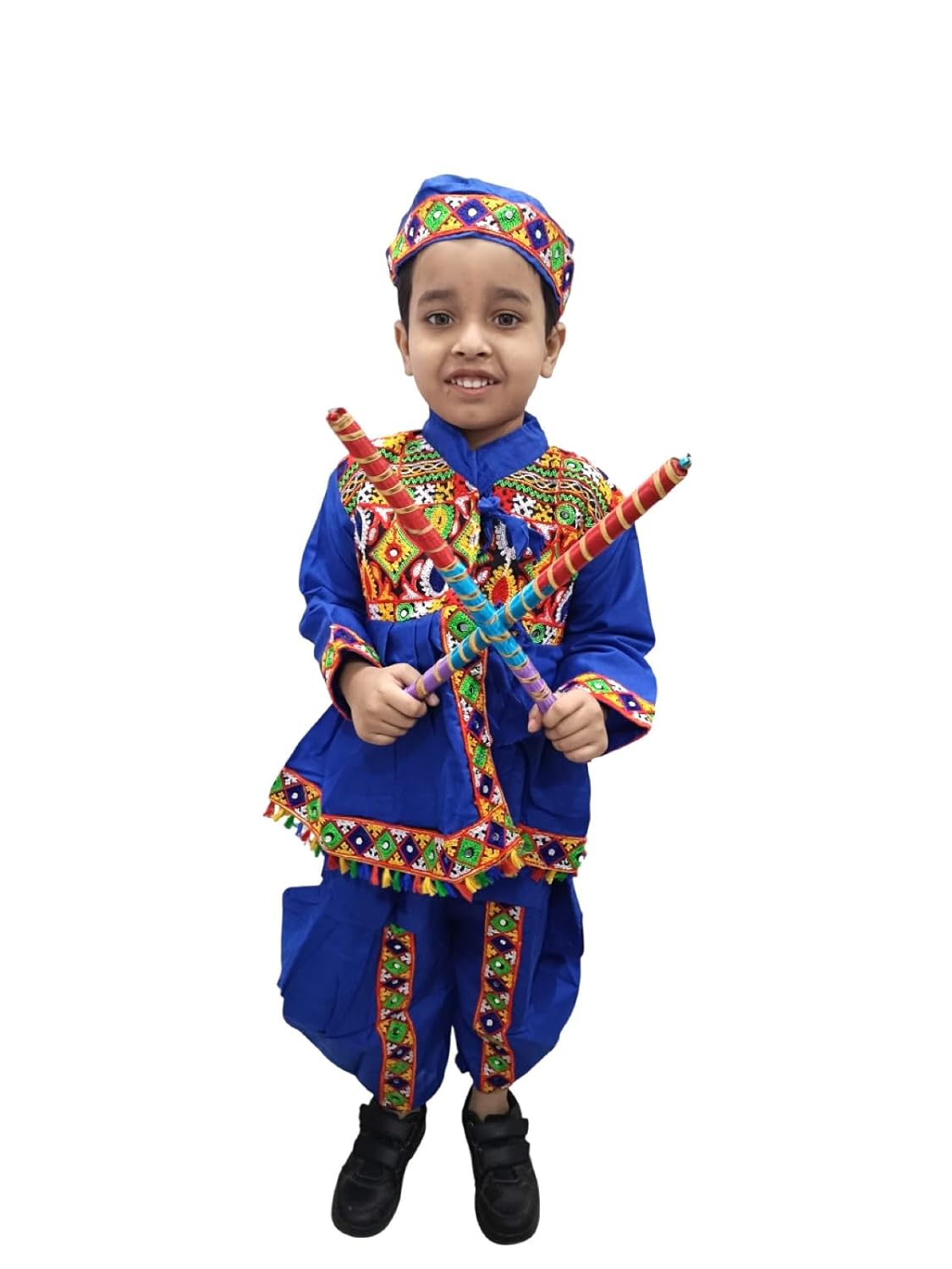 Blue Gujarati Kedia With A Pair of Dandiya Sticks Combo ? Traditional Outfit for Navratri & Festivals | Gujarat Fancy Dress Costume For Kids & Adults 7-8 Years