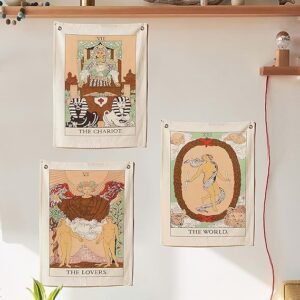 Flag Tapestry The Chariot, The World and The Lovers Bohemian Printed Hand Made Wall Hanging Tapestries with Steel Grommets, (Beige, 20 x 16 inches) - Pack of 3