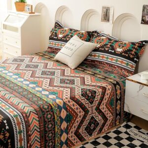 Tc Bedsheet for Double Bed Queen Size 240Tc Satin Finish, Microfiber Double Bed Bedsheet, 225X250Cm with 2 Pillow Covers, Beige & Black, Aztec | Perfect for Festive Gifting