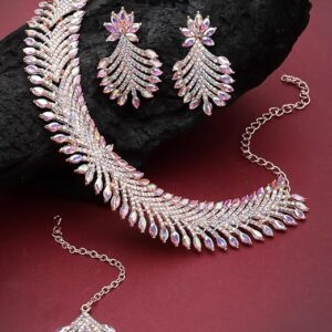 Graceful Rose Gold Plated Rainbow Collar Bone Necklace Set With Earring And Maangtika | Jewellery Set For Women (NS105639)