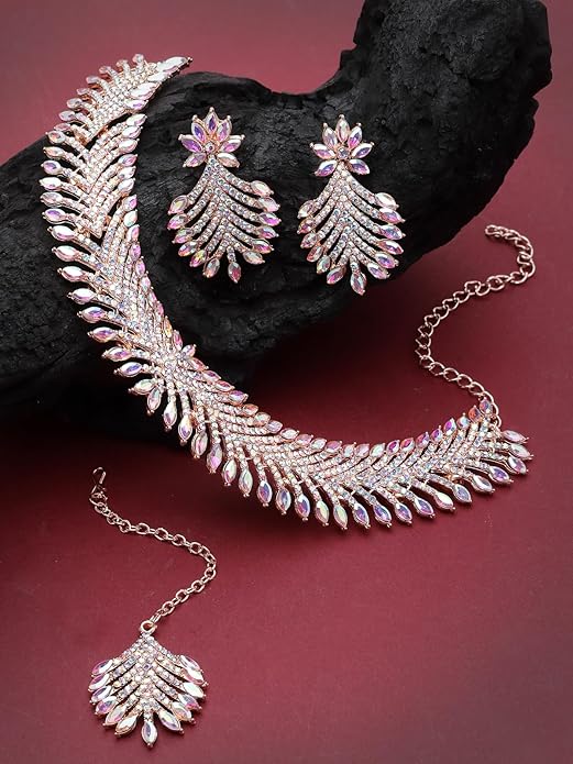 Graceful Rose Gold Plated Rainbow Collar Bone Necklace Set With Earring And Maangtika | Jewellery Set For Women (NS105639)