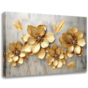 Gold Metallic Flowers Print Wall Art Elegant Floral Flower Canvas on Grey Background Painting Picture Artwork for Living Room Bedroom Bathroom Decor (Gold Metallic Flowers, 18"x12")