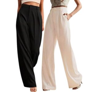 Women High Rise High Waist Trousers Flared Korean Style Formal Pants|Elegant Workwear for Office, College & Events (Combo Pack of 2)