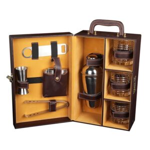 Premium Bar Accessories Set with Whiskey Glasses | Portable Leatherette Bar Accessories Set | Bar Accessories Set for Picnic | Bar Set for Travel | Bar Set for car | (Brown)
