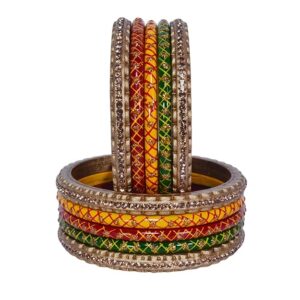 Traditional Rajasthani Beautiful Multicolor Lac Lakh Bangle Set For Women and Girls | Jaipuri Chudi Set | Red Yellow Green Golden Bangles | Set of 10