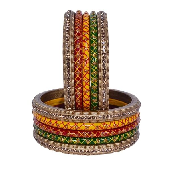 Traditional Rajasthani Beautiful Multicolor Lac Lakh Bangle Set For Women and Girls | Jaipuri Chudi Set | Red Yellow Green Golden Bangles | Set of 10