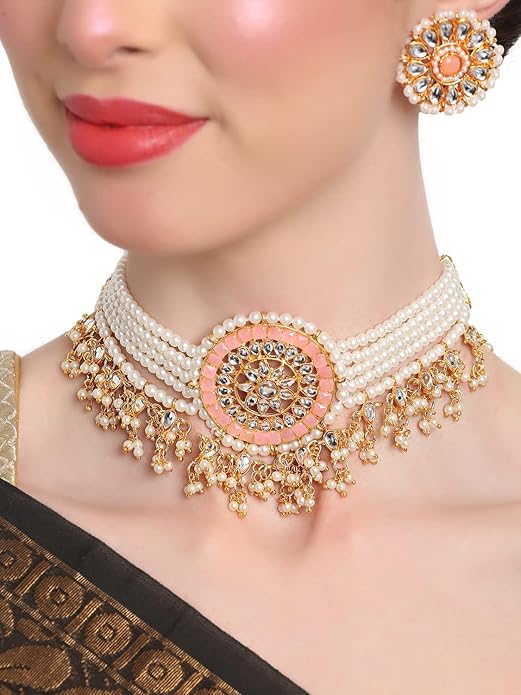 iva Fashion 18k Gold Plated Latest Stylish Choker Traditional Pearl Kundan Necklace Jewellery Set for Women